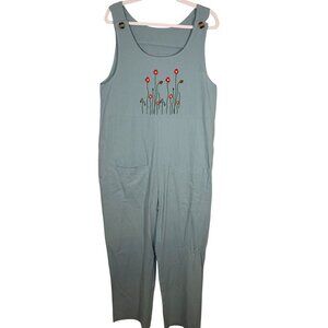 Floral Overalls M Green Embroidery Lagenlook Classic Preppy Retro Cottagecore